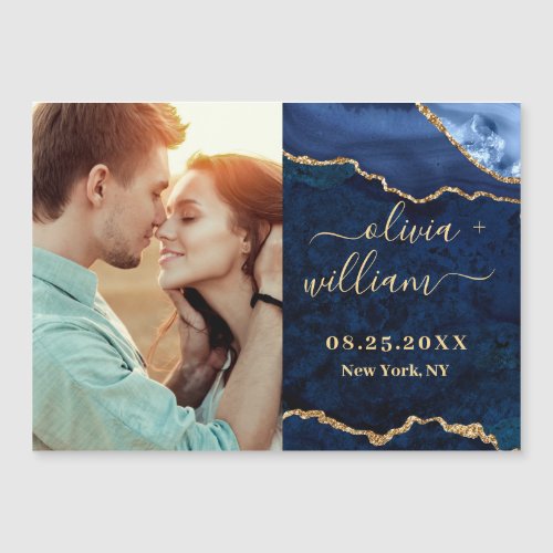 Modern Gold Blue Marble Agate PHOTO Wedding Magnetic Invitation