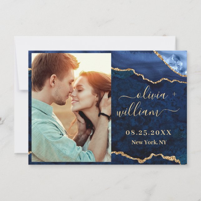 Modern Gold Blue Marble Agate PHOTO Wedding Save T Save The Date (Front)