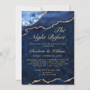 Modern Gold Blue Marble Agate Rehearsal Dinner Invitation