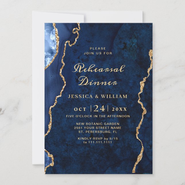 Modern Gold Blue Marble Agate REHEARSAL DINNER Invitation (Front)