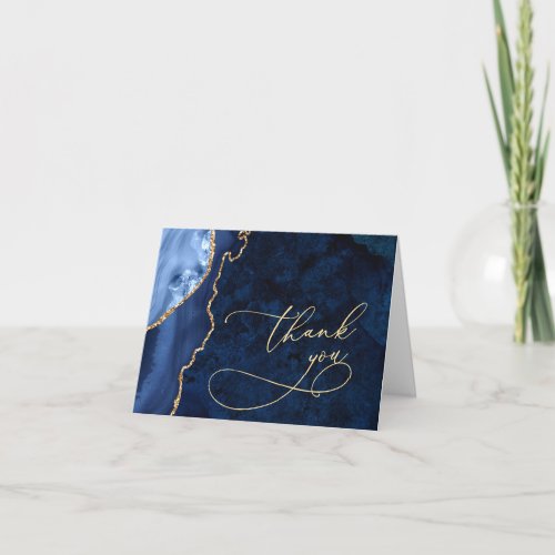Modern Gold Blue Marble Agate Thank You Card