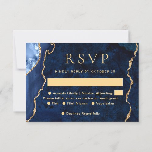 Modern Gold Blue Marble Agate Wedding RSVP Card