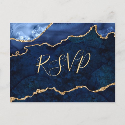 Modern Gold Blue Marble Agate Wedding RSVP Invitation Postcard