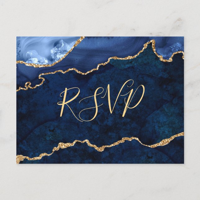 Modern Gold Blue Marble Agate Wedding RSVP Invitation Postcard (Front)