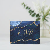 Modern Gold Blue Marble Agate Wedding RSVP Invitation Postcard (Standing Front)