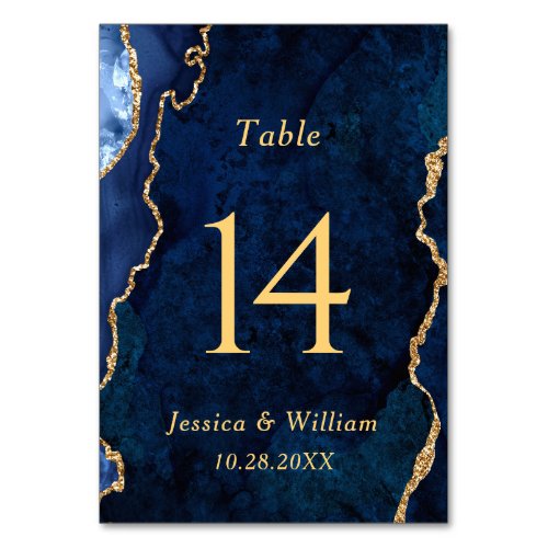 Modern Gold Blue Marble Agate Wedding Table Number
