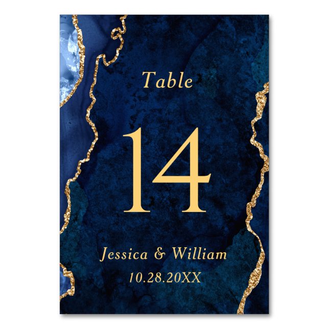 Modern Gold Blue Marble Agate Wedding Table Number (Front)