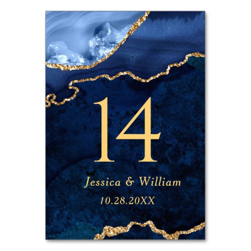 Modern Gold Blue Marble Agate Wedding Table Number