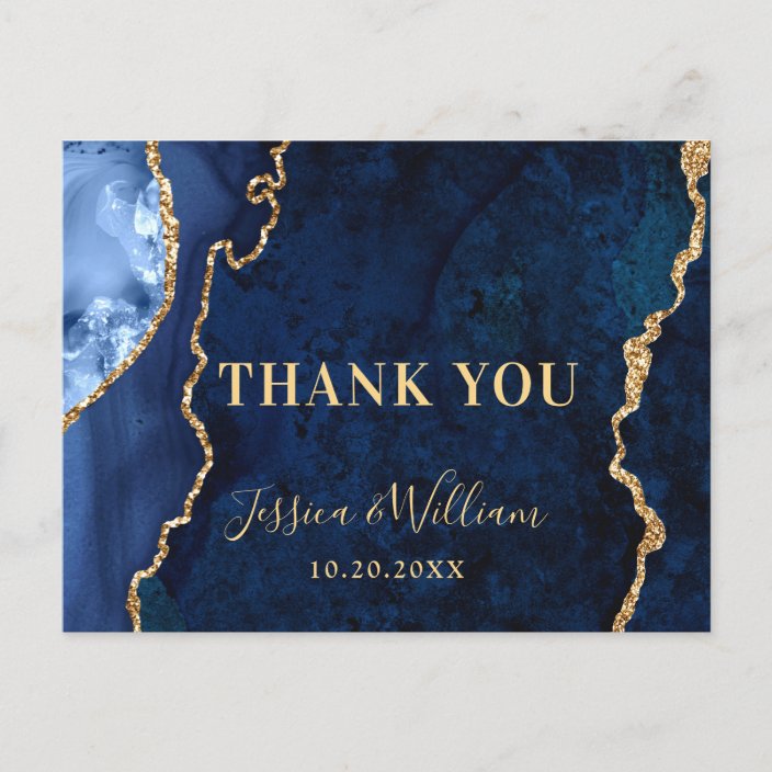 Modern Gold Blue Marble Agate Wedding Thank You Postcard | Zazzle