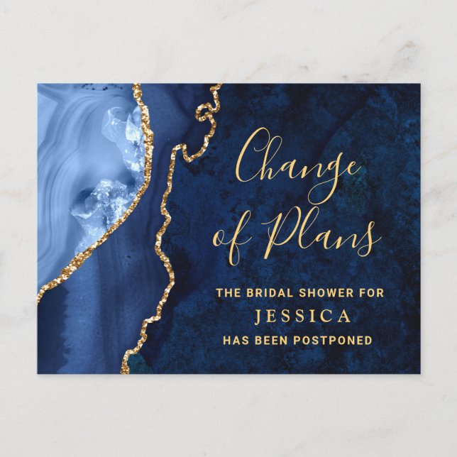 Modern Gold Blue Marble Bridal Shower Postponed Postcard (Front)