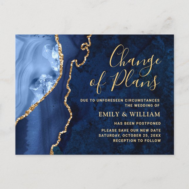 Modern Gold Blue Marble Change of Date Postponed Postcard (Front)