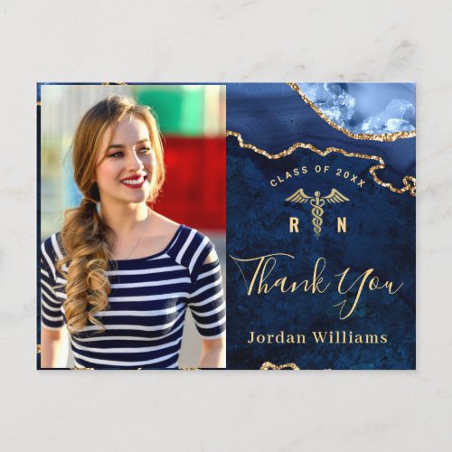 Modern Gold Blue Marble RN Graduation Thank You Postcard - Modern Gold Blue Marble Agate Graduation Thank You Postcard.