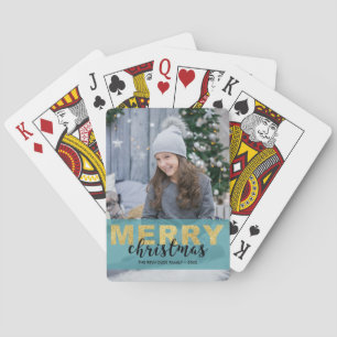 Modern Gold Blue Merry Christmas Photo Card Deck