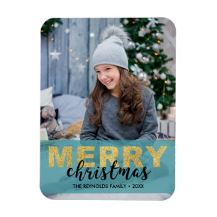 Modern Gold Blue Merry Christmas - Photo Magnet