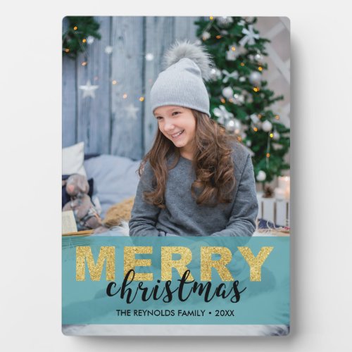 Modern Gold Blue Merry Christmas _ Photo Plaque