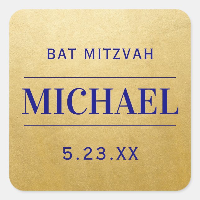 Modern Gold & Blue Mitzvah Birthday Name Favor Square Sticker (Front)