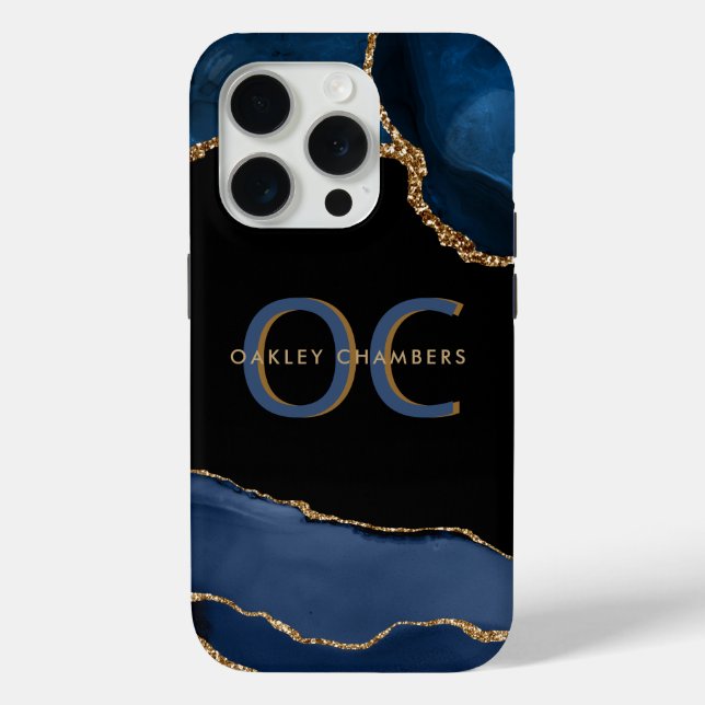 Modern Gold Blue Monogram Navy Black Gold Agate Case-Mate iPhone Case (Back)