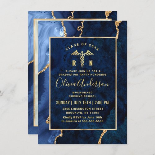 Modern Gold Blue Nursing School Graduation Party Invitation