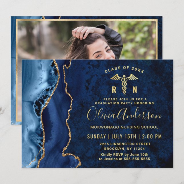 Modern Gold Blue Nursing School Graduation Party Invitation (Front/Back)