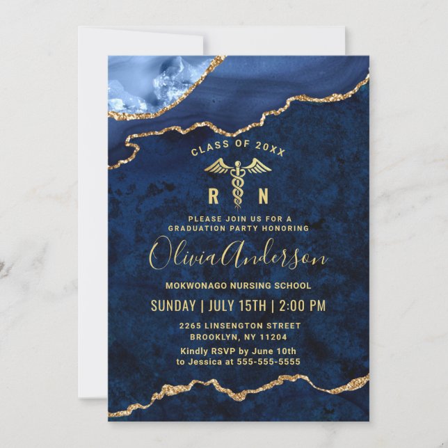 Modern Gold Blue Nursing School Graduation Party  Invitation (Front)