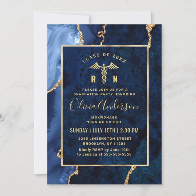 Modern Gold Blue Nursing School Graduation Party Invitation (Front)