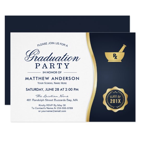 Modern Gold Blue Pharmacy School Graduation Party Invitation
