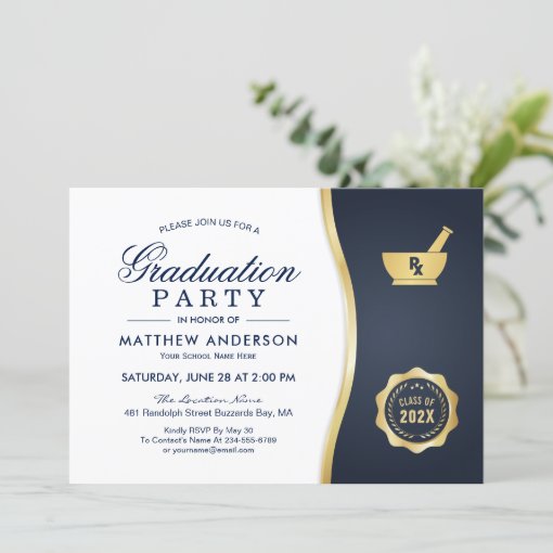 Modern Gold Blue Pharmacy School Graduation Party Invitation | Zazzle