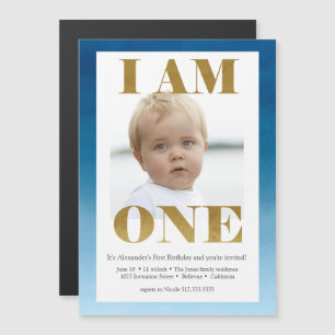 Modern Gold + Blue Photo 1st Birthday Magnetic Invitation