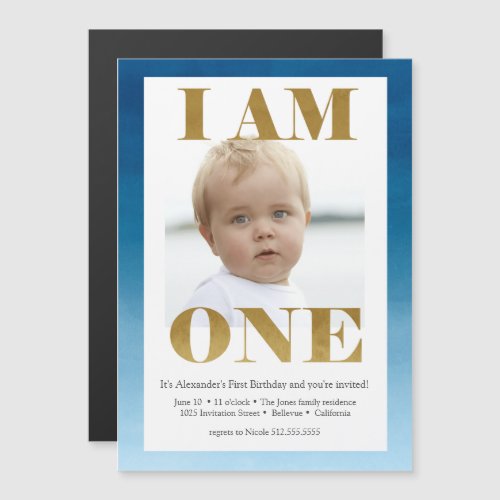 Modern Gold  Blue Photo 1st Birthday Magnetic Invitation