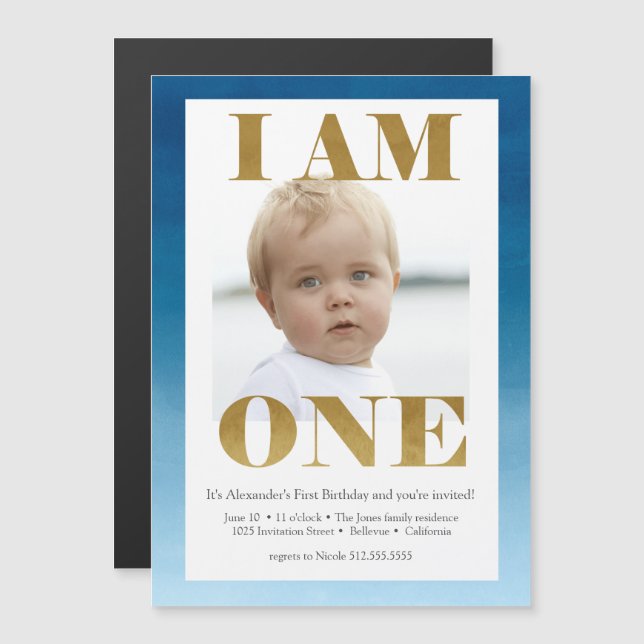 Modern Gold + Blue Photo 1st Birthday Magnetic Invitation (Front/Back)
