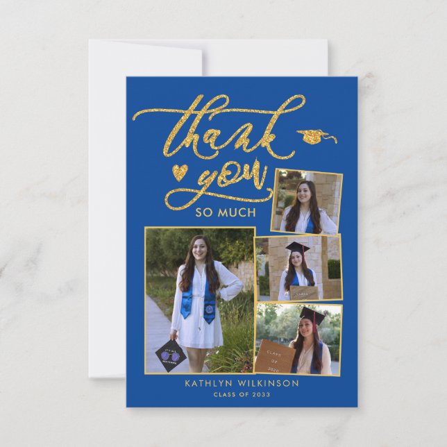 Modern Gold Blue Photo Graduation Thank You Card (Front)