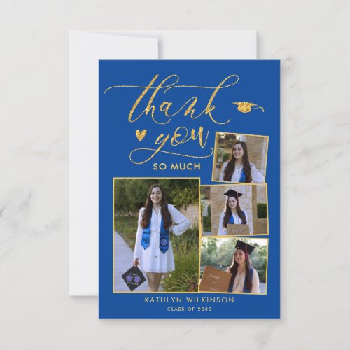 Modern Gold Blue Photo Graduation Thank You Card