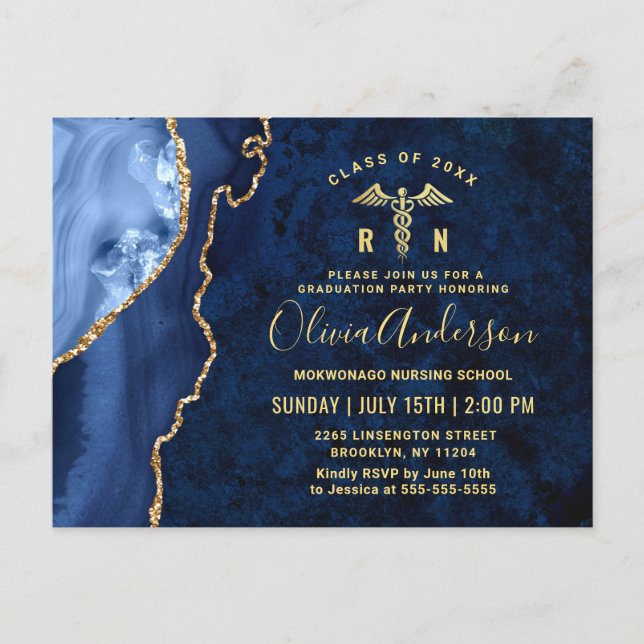 Modern Gold Blue RN Graduation Party Invitation Postcard (Front)