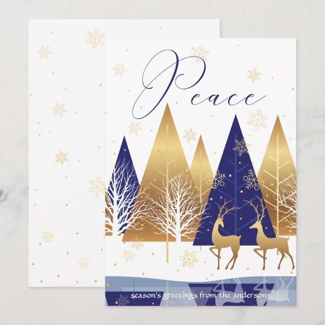 Modern Gold Blue Trees Deer Peace Holiday Greeting Invitation (Front/Back)