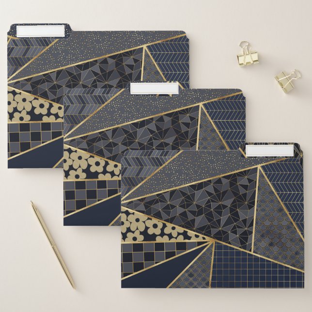 Modern Gold Blue Triangles Geometric pattern File Folder (Set)