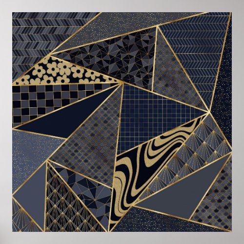 Modern Gold Blue Triangles Geometric pattern Poster