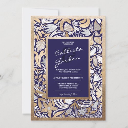 Modern Gold Blue White Floral Botanical Wedding Invitation