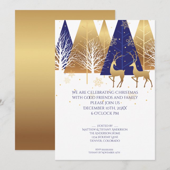 Modern Gold Blue Woodland Deer Invitation (Front/Back)