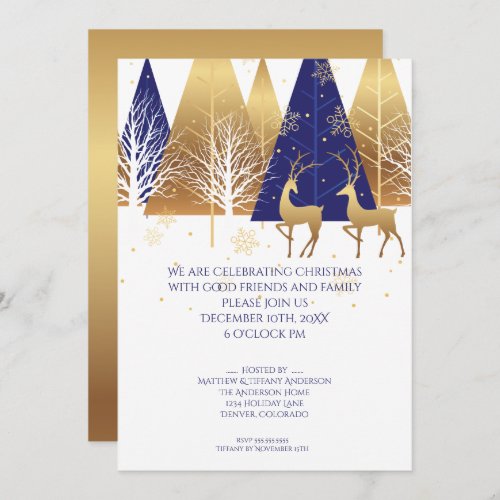 Modern Gold Blue Woodland Deer Invitation