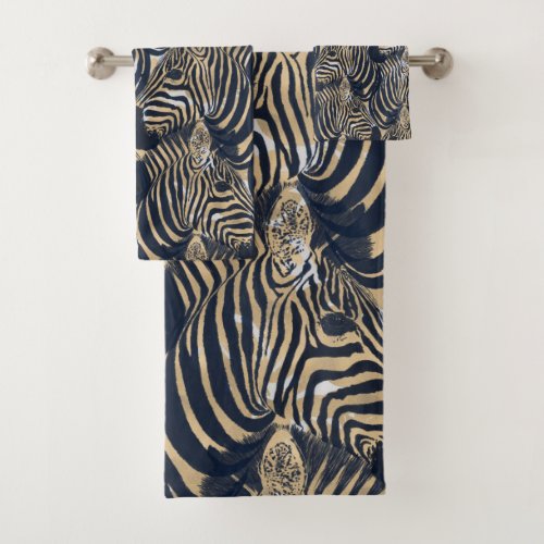 Modern Gold Blue Zebras Print Pattern Bath Towel Set