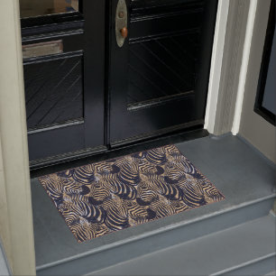 Modern Gold Blue Zebras Print Pattern Doormat