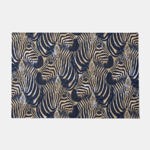 Modern Gold Blue Zebras Print Pattern Doormat