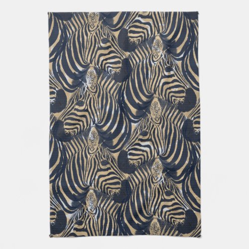 Modern Gold Blue Zebras Print Pattern Kitchen Towel