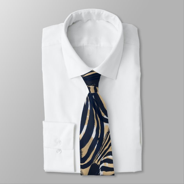 Modern Gold Blue Zebras Print Pattern Neck Tie (Tied)