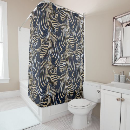 Modern Gold Blue Zebras Print Pattern Shower Curtain