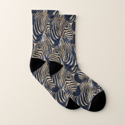 Modern Gold Blue Zebras Print Pattern Socks