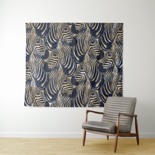 Modern Gold Blue Zebras Print Pattern Tapestry