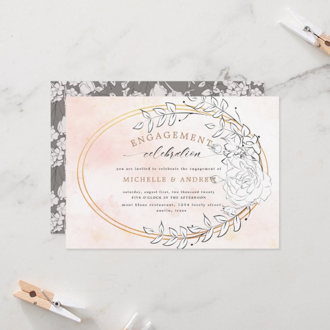 Modern Gold Blush Floral Engagement Invitation (Front/Back In Situ)