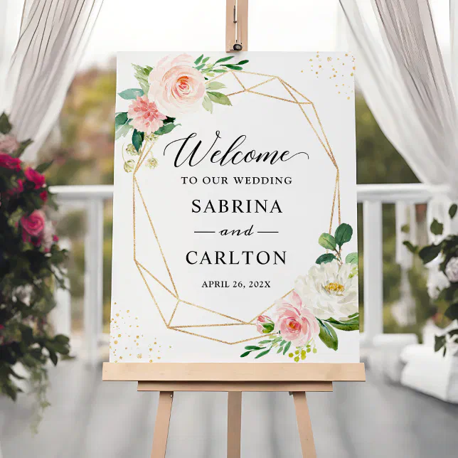 Modern Gold Blush Floral Wedding Sign Foam Board | Zazzle