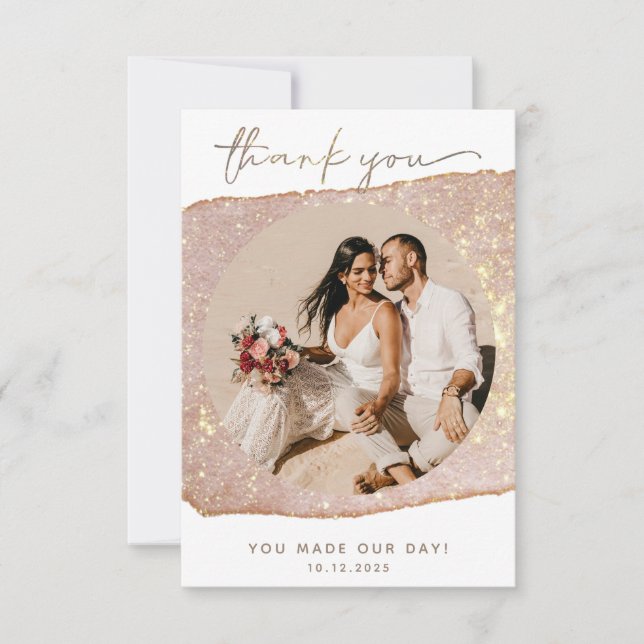 Modern Gold Blush Glitter Photo Wedding Thank You Card (Front)